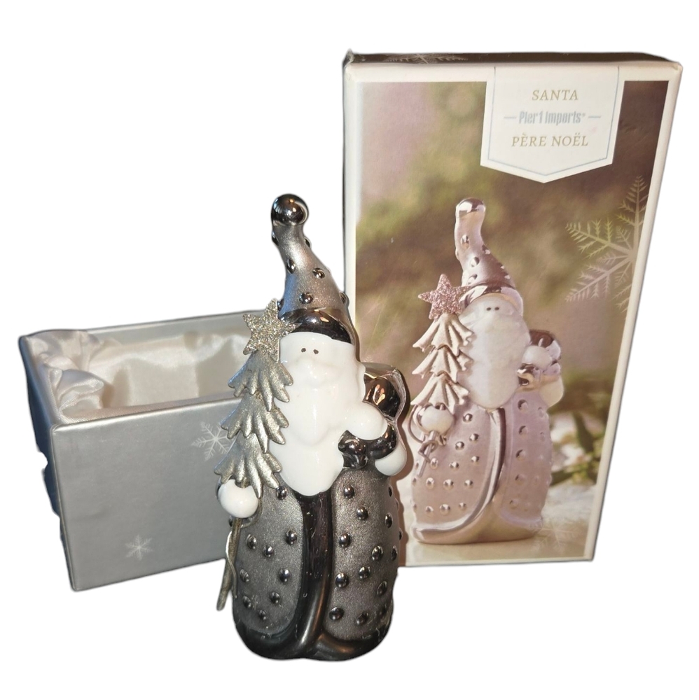 Pier 1 Imports Santa Père Noël White & Silver Tone Santa With Box 4"X1.75"X1.75"